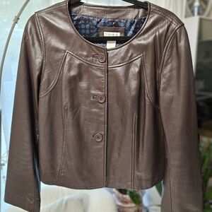 Worthington Womens Brown Genuine Lambskin Leather Jacket M Blue Patterned Lining